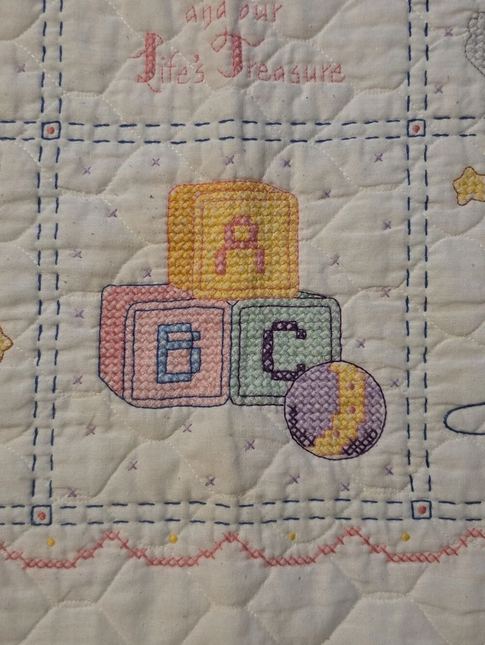 2009 Completed Bucilla Plaid Babies Are Precious Cross Stitch Baby Blanket